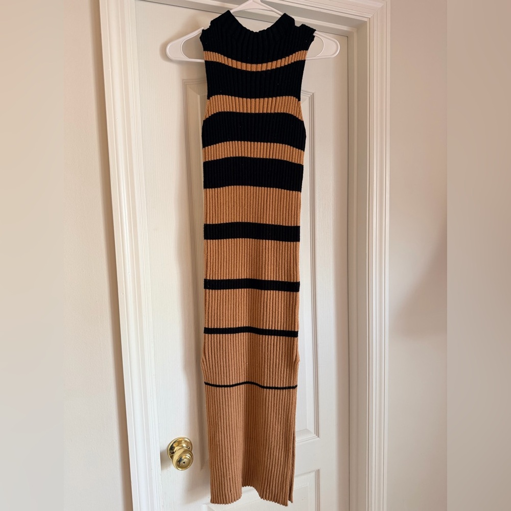 Lumiere Black and Camel Striped Ribbed Maxi Dress